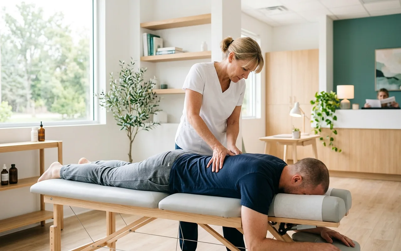 Photo : chiropracteur libéral réalisant une manipulation vertébrale (visuel à fournir)